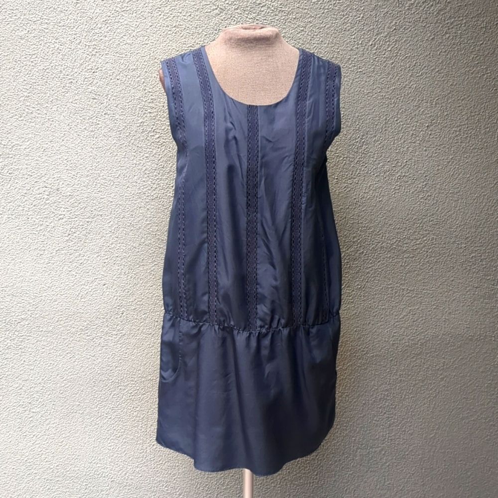 Geren Ford Navy Blue Silk Drop Waist Dress Shift Medium Vertical Tape Designer